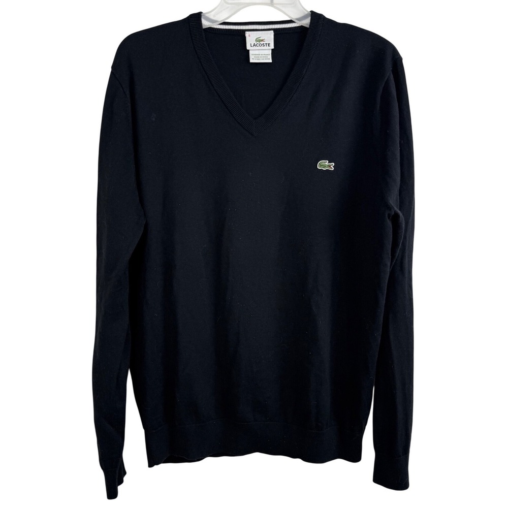 Lacoste‎ Mens Black Long Sleeve V Neck Sweater Crocodile Logo Cotton Size 6 Lg